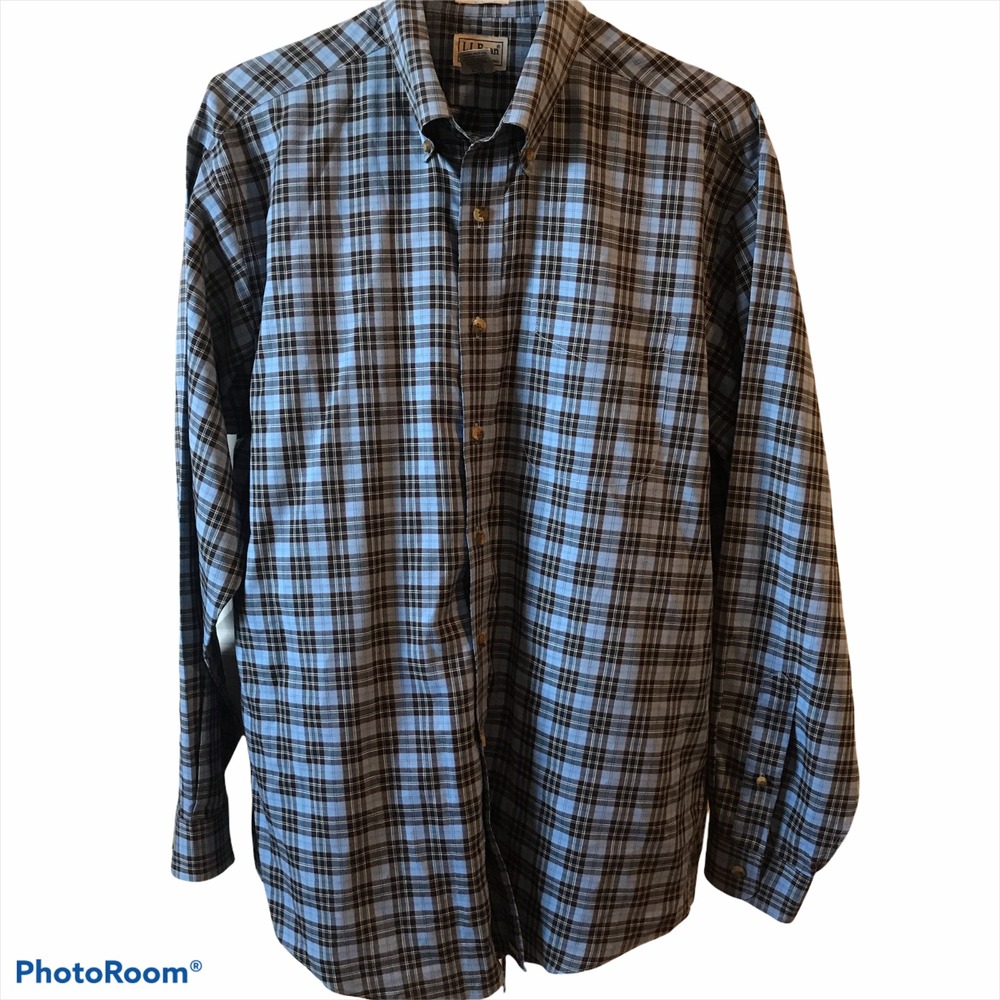 LL Bean U.S. Air Force Tartan L/S Button Down Shirt Blue Plaid Reg Fit Large